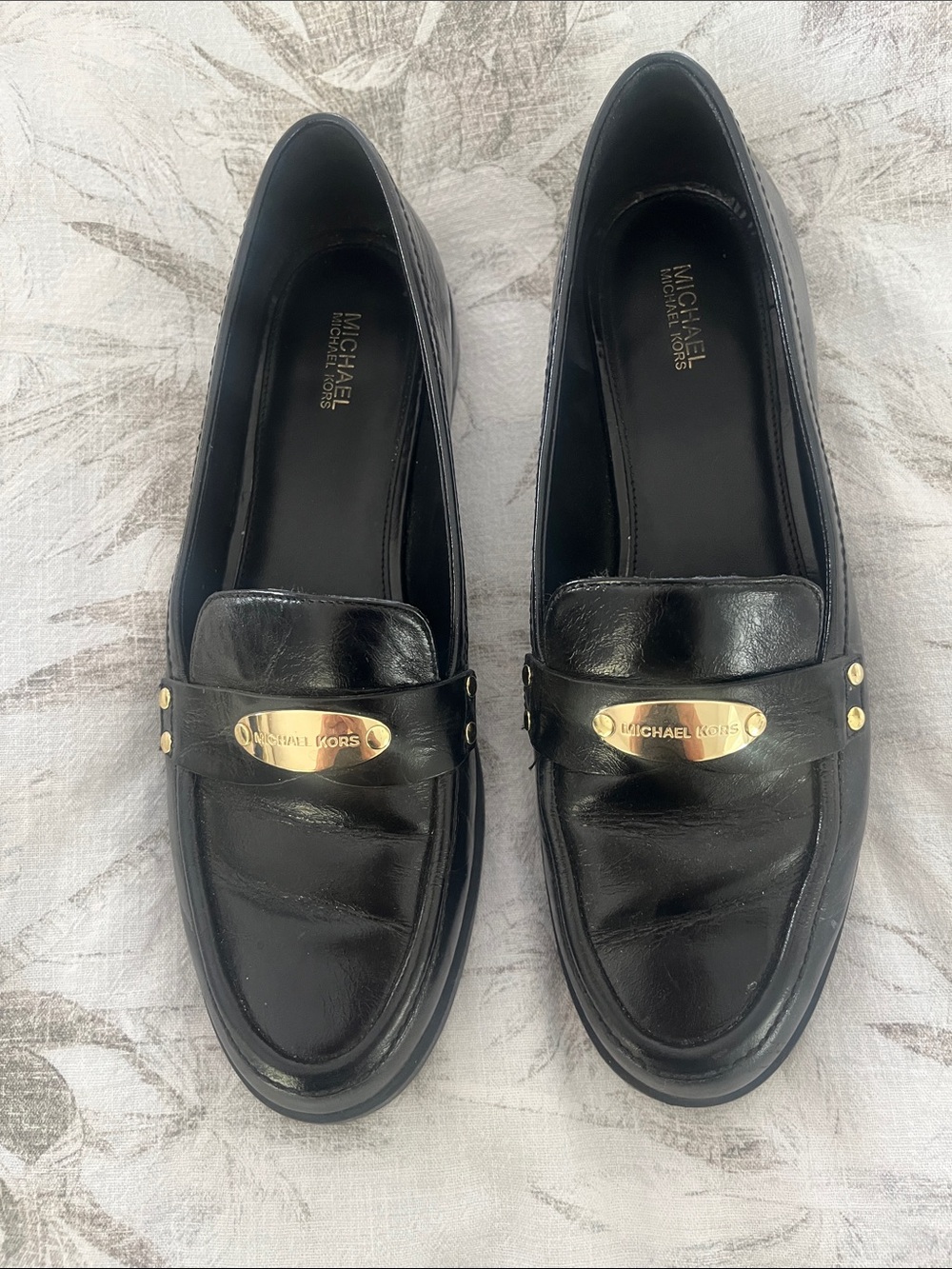 Michael Kors Black Leather Loafers with Gold Plaque